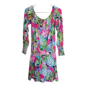 Lilly Pulitzer Lana Skirt Romper XS Pink Tropical Print Long Sleeve Mini Dress